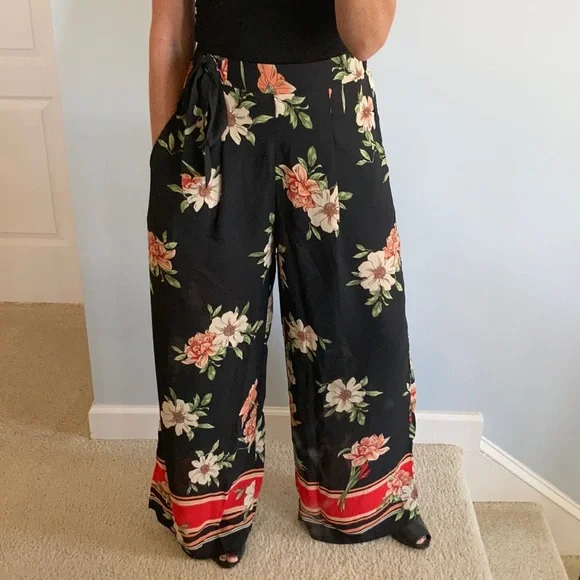 Black Floral Palazzo Wide Leg Pants - Picture 1 of 7
